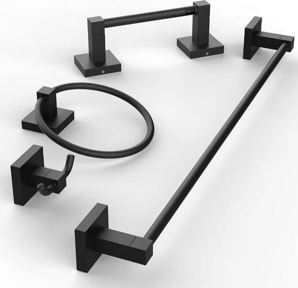 4 Pieces Bathroom Hardware Set Matte Black Square Stainless Steel and Zinc Alloy Modern Wall Mounted,18-Inch Towel Bar，Robe Hook