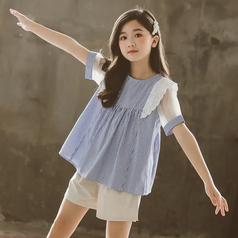 2026 summer Teens Girls Clothes Kids striped Ruffle lace mesh Top blouse t shirt + Leisure shorts Pants 4 6 7 9 10 11 12 14 Year - Image 6