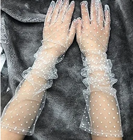 Fashion Dot Lace Long Gloves Female Elegant Stretch Tulle Mesh Semi Sheer Women Full Finger Mittens Bride Wedding Black Golves
