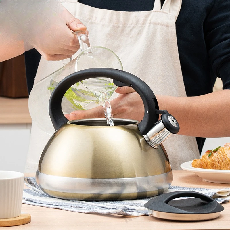 304Stainless Steel Boil Water Kettle Bakelite Handle half ball Bronze 3L Whistle Pot Induction Cooker Household Kitchen Supplies