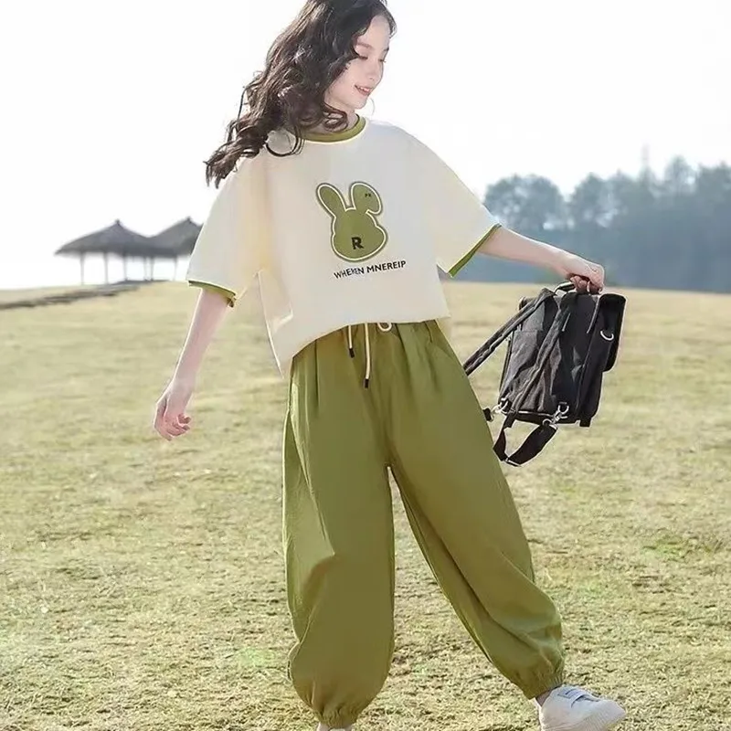 

Новый летний костюм для девочек, детская футболка с мультяшным рисунком + брюки, детский костюм из 2 предметов, комплекты одежды для девочек 6, 8, 10, 12, 14