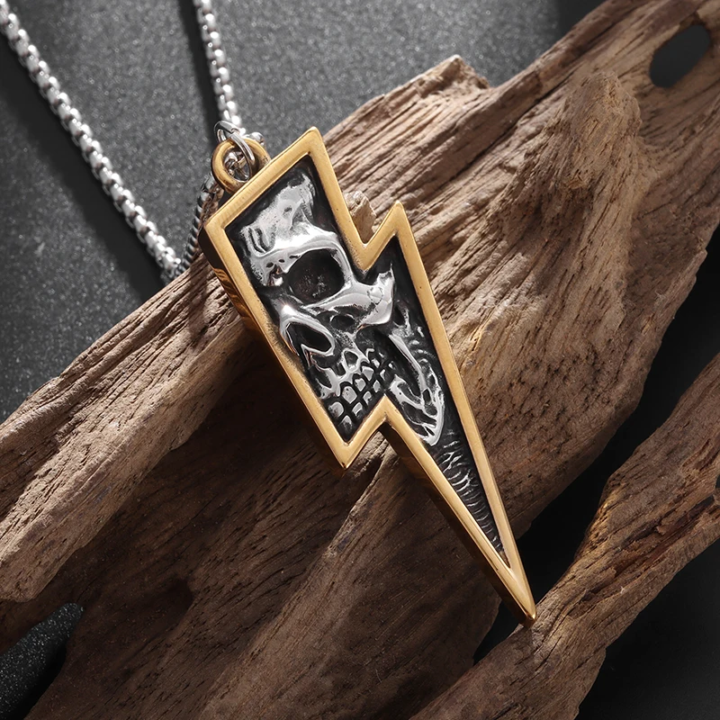 

Vintage Gothic Creative Lightning Skull Pendant Necklace Men's Motorcycle Riding Rock Party Halloween Jewelry