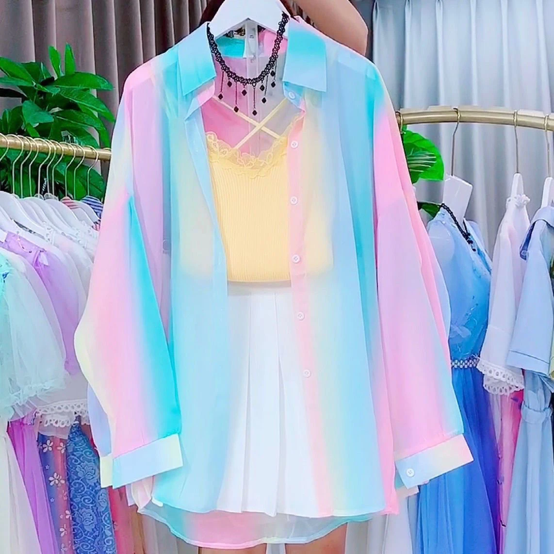 Long Sleeve Top Sweet Sheer Casual Shirts And Blouses Irregular Gradient Rainbow Office Lady Trend Loose New In Outwear Women