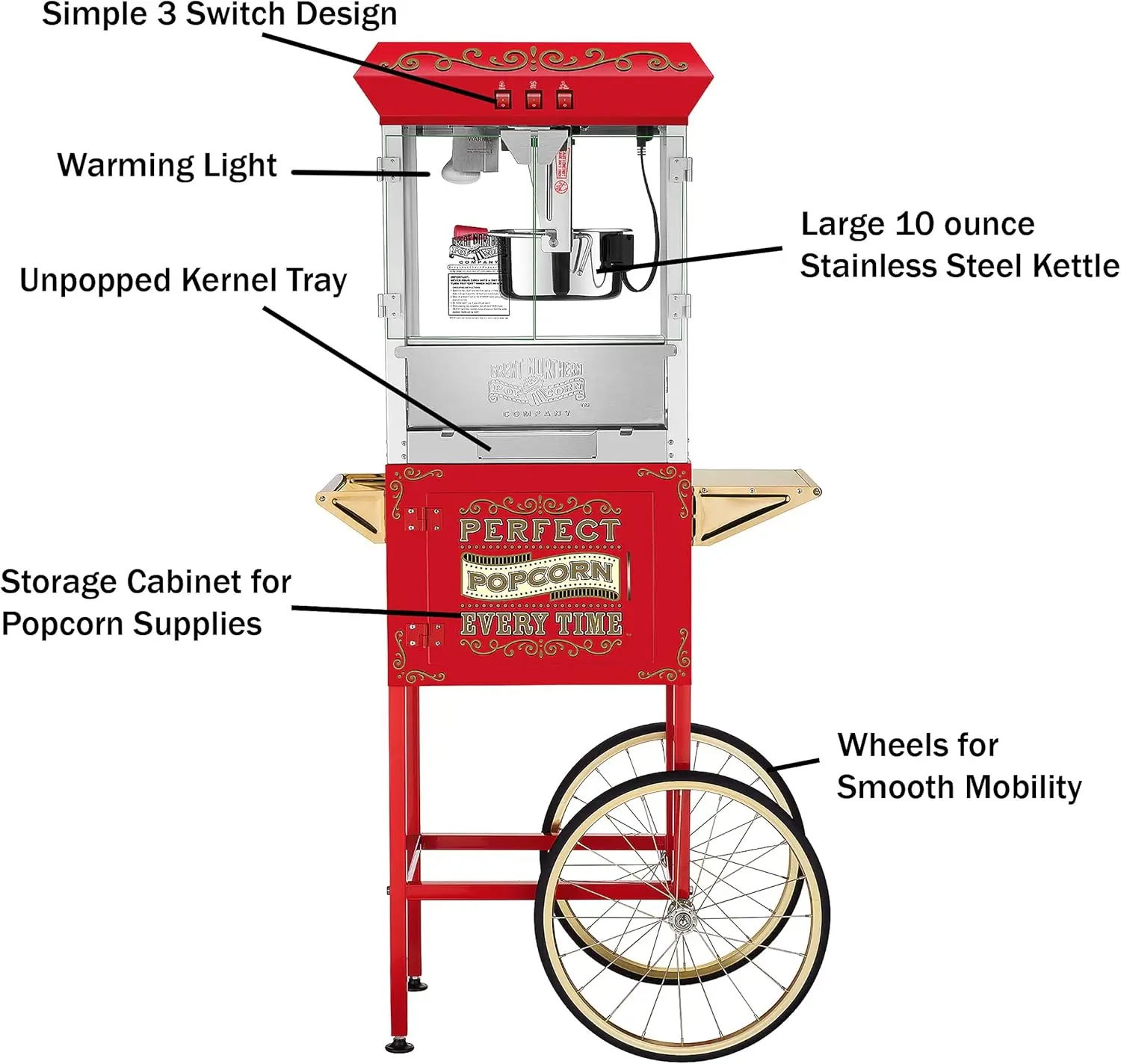 Popper Popcorn Machine with Cart and Stainless-Steel Kettle
