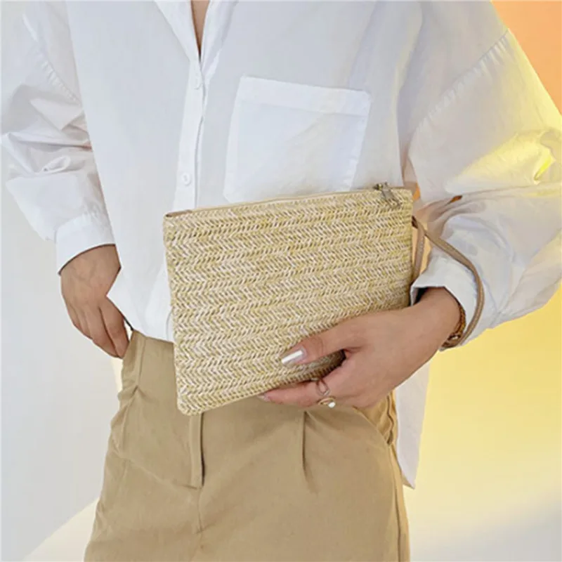 Clutch Bag for Women Handmade Backpack Fashion Ladies Wristlet Girl Phone Solid Straw Woven Coin Purse Beach Wallet Fresh Sweet - 4