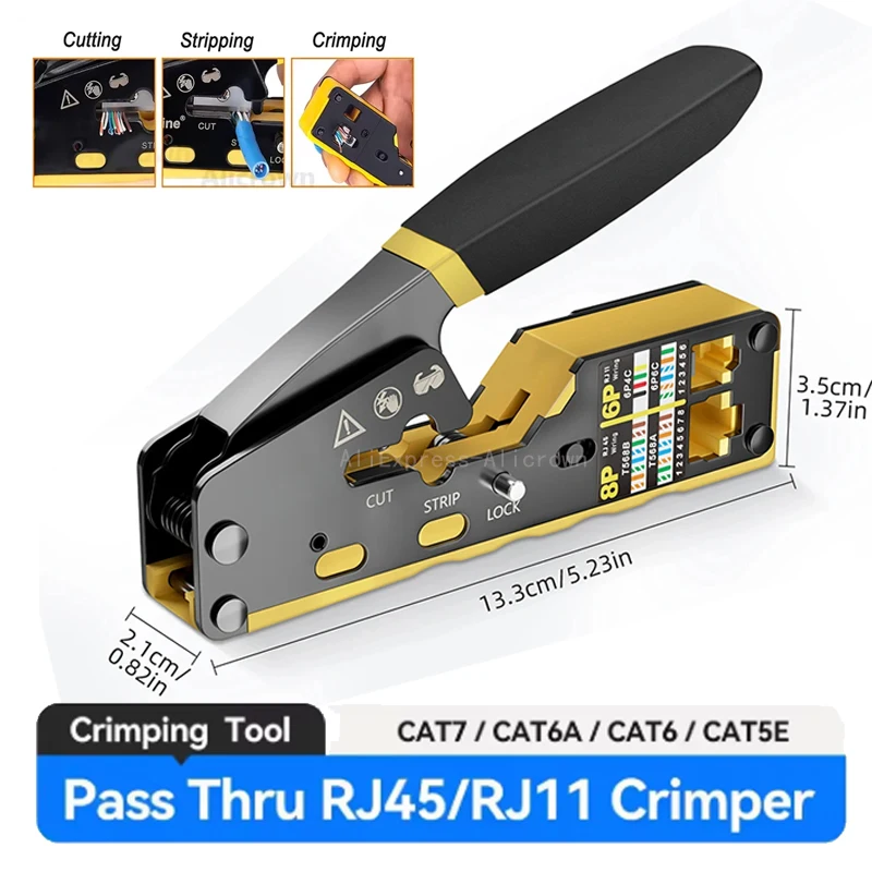 RJ45 크림프 툴 패스 스루 이더넷 크림핑 툴 와이어 툴 (Cat6, Cat5, Cat5e, RJ45 커넥터용) 이더넷 올인원 와이어 툴