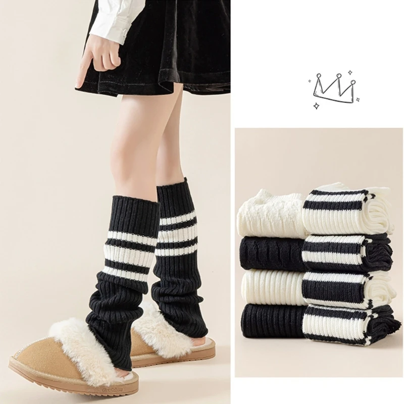 

Stylish Leg Warmer Simple Long Tube Socks Striped/Solid Embroidery Sock Sleeve