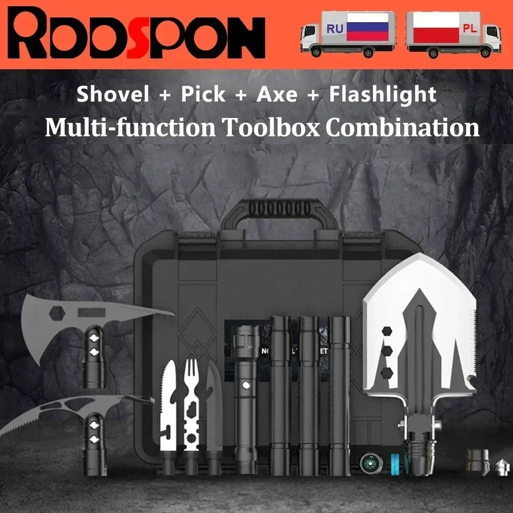 Multipurpose Military Shovel for Outdoor Survival Multipurpose Axe Pickaxe Shovel Compass & Flashlight Outdoor Camping Tools Set
