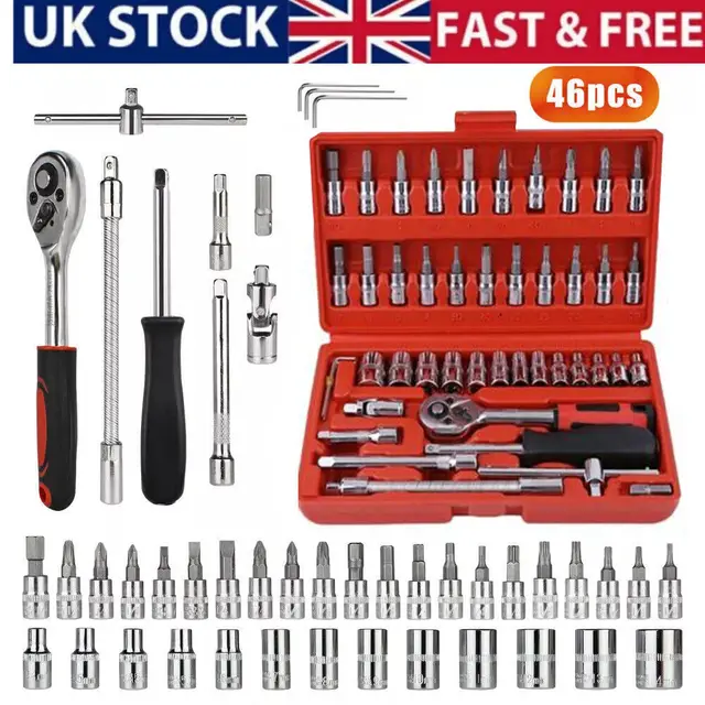46PCS Metric Socket Set Ratcheting Plum Wrench Kit 1/4" Drive Repair Tool w/ Case for Cars Motorcycles Bicycles