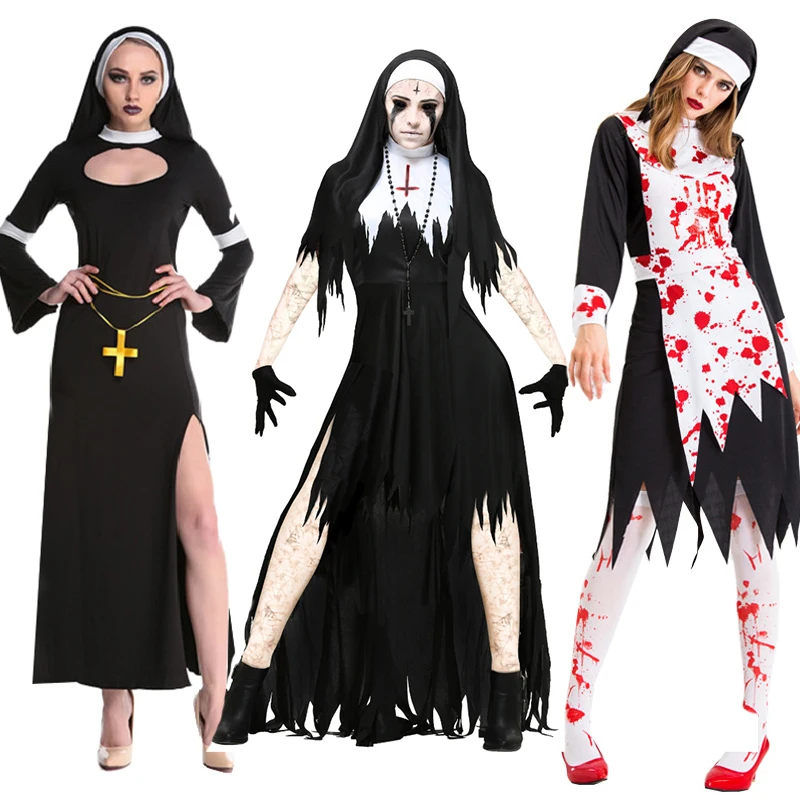 

Halloween Costume For Women Nun Costume Cosplay Vampire Costumes Demon Costume Cross Print Long Dress Party Costume S-XL косплей