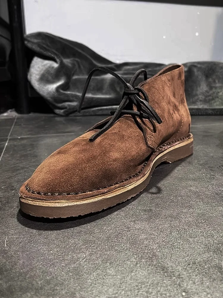 Italian Men Handmade Cow Suede Leather Shoes Vintage Lace Up High Top Casual Driving Shoes Comfortable Flats Business Work Shoes 3
