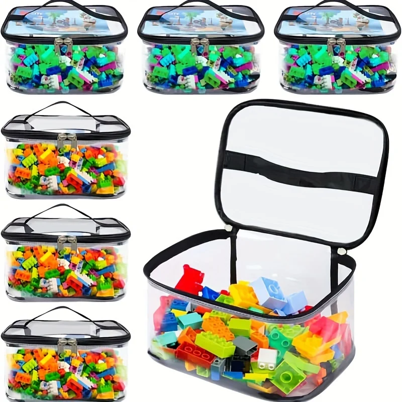 Portable Clear Zipper Pouch for Lego Accessories Board Game Storage Tag Manual Pocket & Handle Black(No Building Blocks)