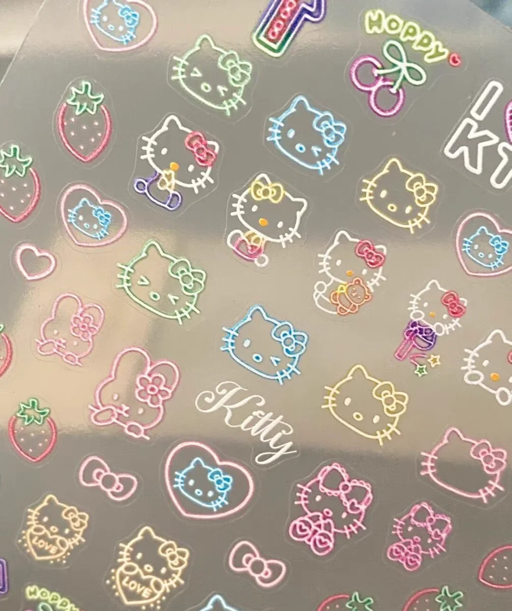 1 sheet Fluorescent hellokitty nail sticker embossed Japanese cartoon girl heart Hello Kitty pen holder cup decoration sticker 3