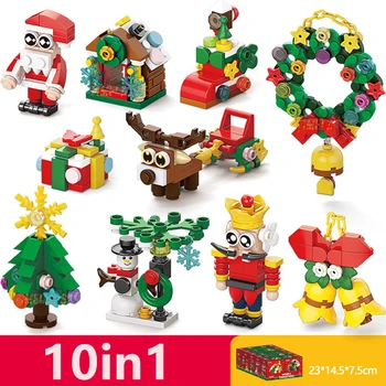 DIY 10in1 Christmas Elk Deer Santa Claus Train Architecture Street View Xmas Tree Snow House Building Blocks Kit Toy