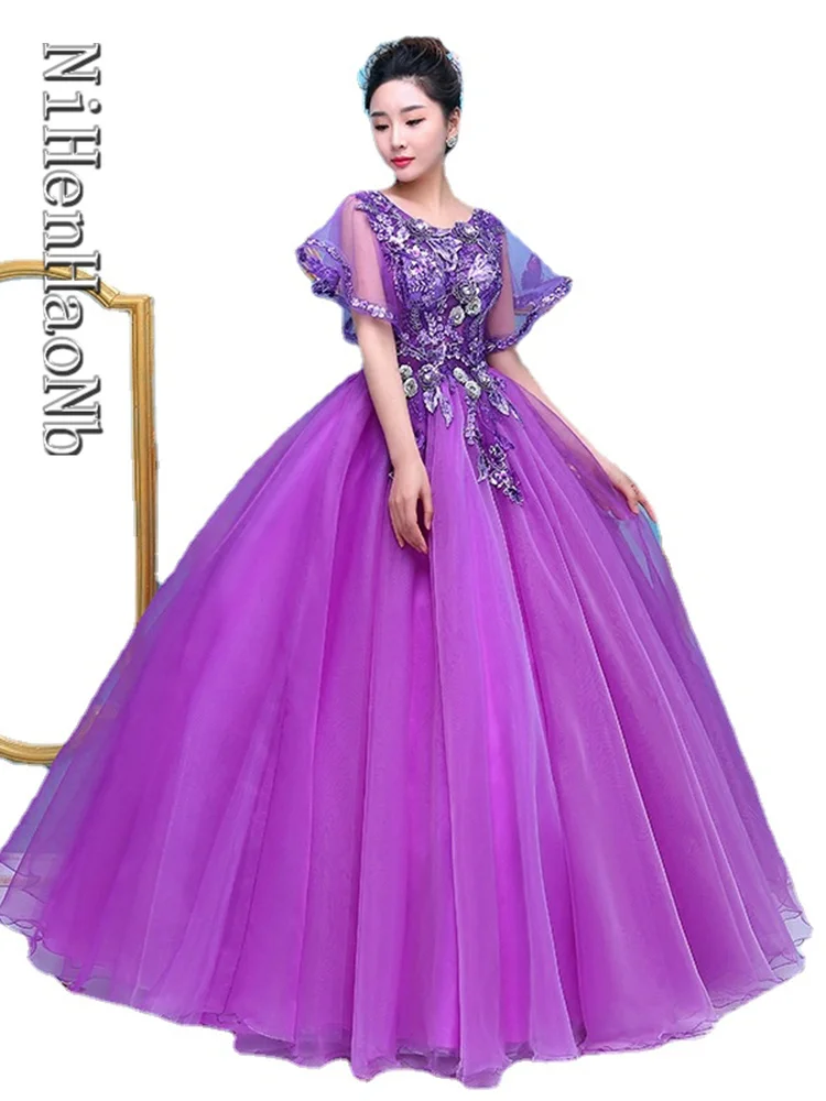 

Elegant Ball Gown Embroidered Flowers Long Evening Dress Party Quinceanera Dresses Performance Host Dress Robe De Soiree