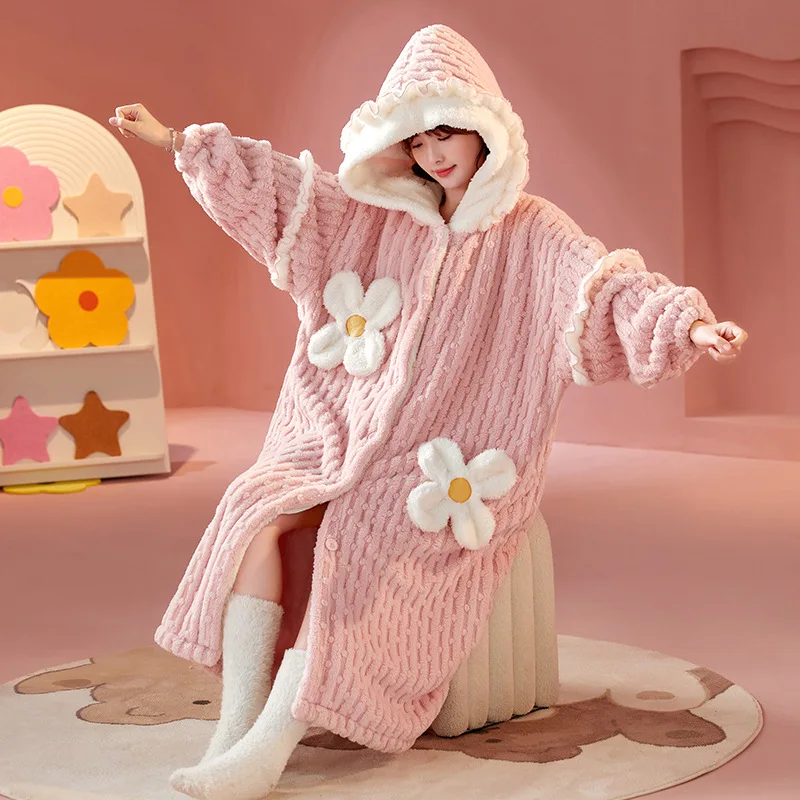Women Fleece Hooded Bathrobe Women's Princess Robe Flannel Soft