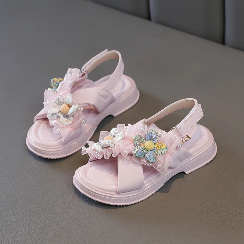 

Princess Girls' Sandals Summer Children's Flower Mesh Pearl Beading Beach Shoes Soft Sole Comfortable Slippers Casual Flats