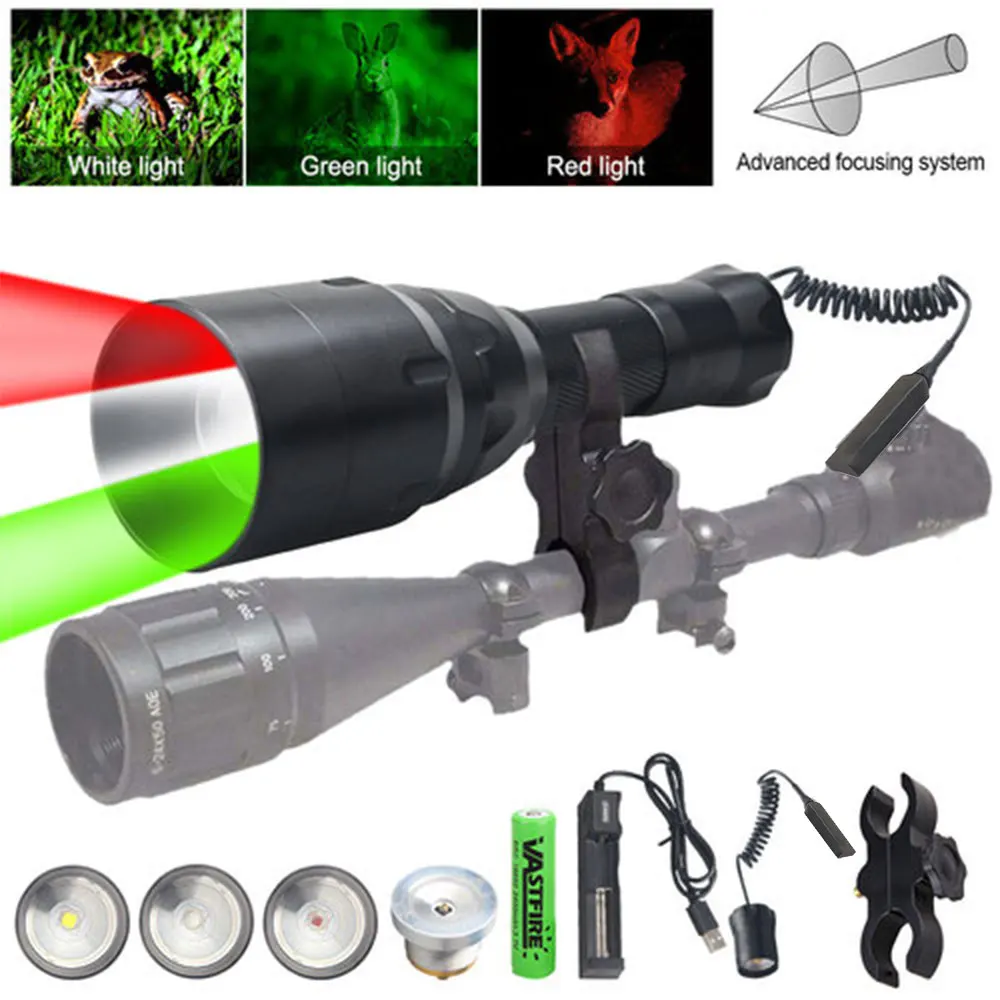 

Tactical Hunting Flashlight White/XPE Green/Red/IR Led Rifle Scope Weapon Gun Ligth+Rifle Scope Mount+Switch+18650+Charger