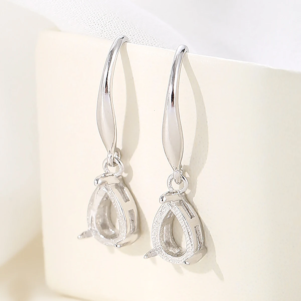 S925 Silver Blank Dangle Earring Bezel Tray Droplet Shape Settings 6X8/7X9/8X10mm Cabochon Earring Base DIY Jewelry Finding