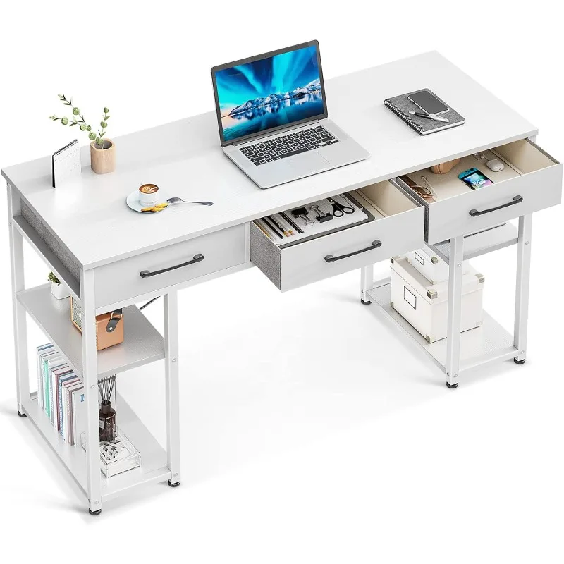 

Office Small Computer Desk with Drawers and Storage Shelves, Modern Writing Desk, White, 48" x 16"