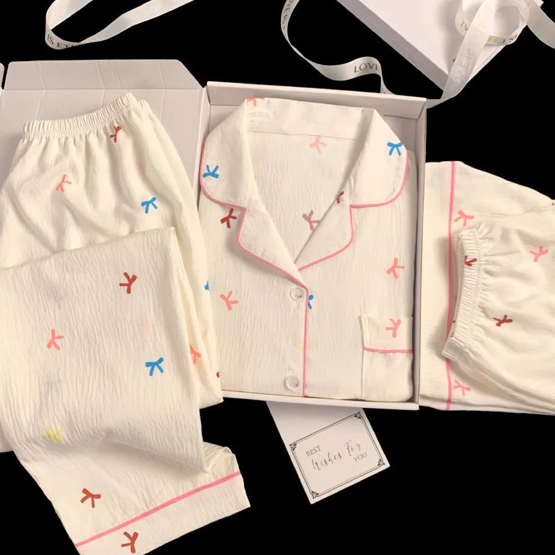 بيجامات نسائية قطنية من ثلاث قطع ، ملابس منزلية مط...