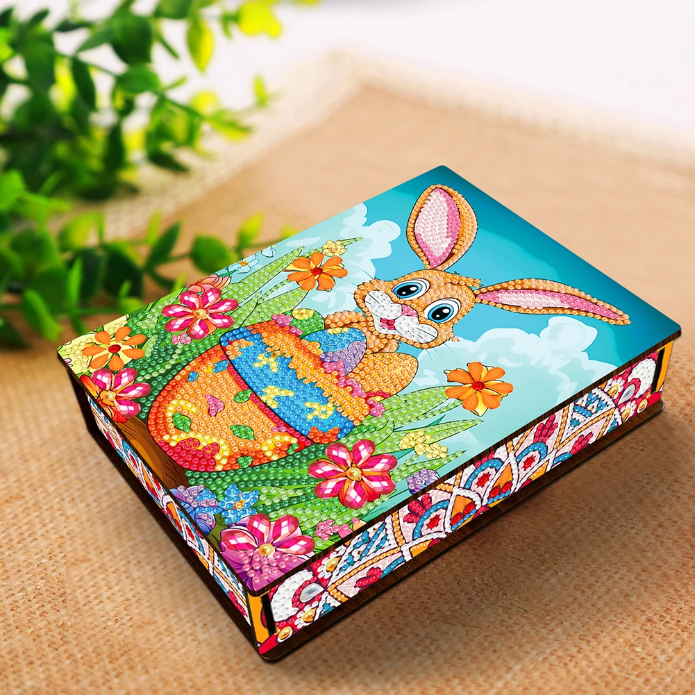 목재 DIY 다이아몬드 페인팅 보관 정리함 컨테이너 키트, 토끼 부활절 달걀, 특별한 모양의 다이아몬드 아트 주얼리 보관 케이스