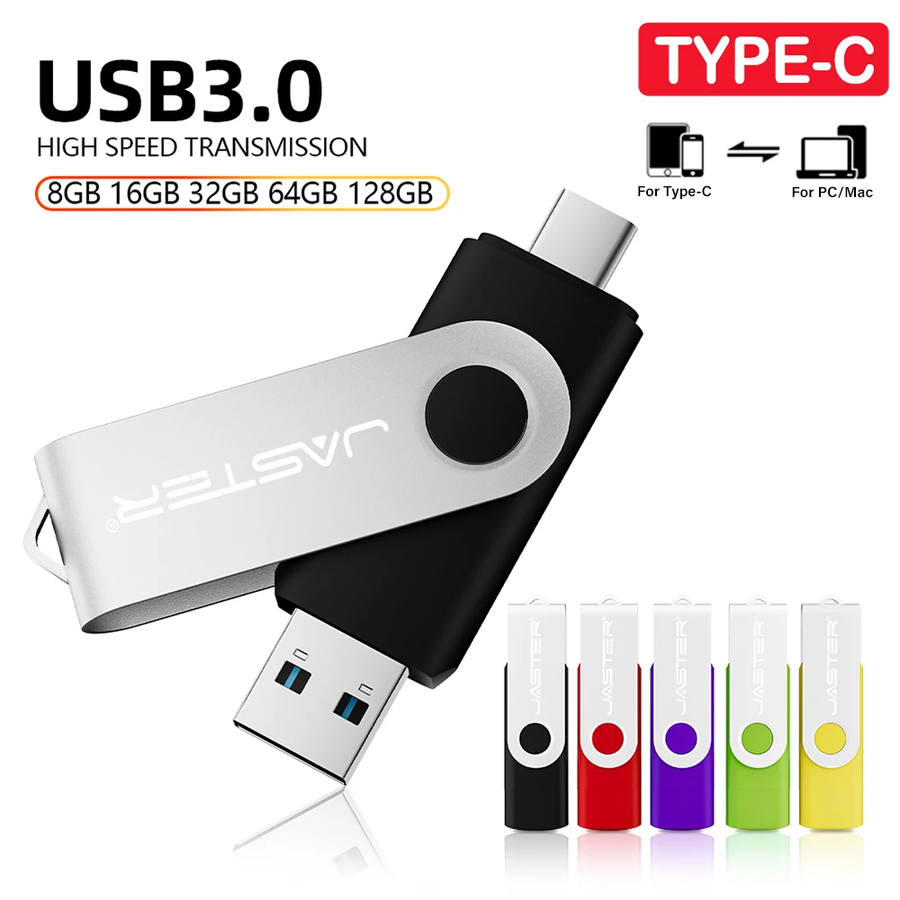 JASTER USB FLASH DRIVE Type C OTG Dual, USB 3.0 128GB 64GB 32GB 16GB 8GB High Speed
