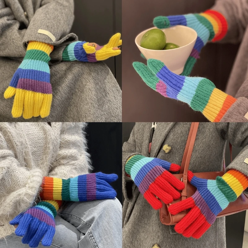 

Rainbow Color Striped Knitted Gloves Winter Full Finger Mitten Thicken Warm Christmas Harajuku Gloves for Girlfriend DXAA