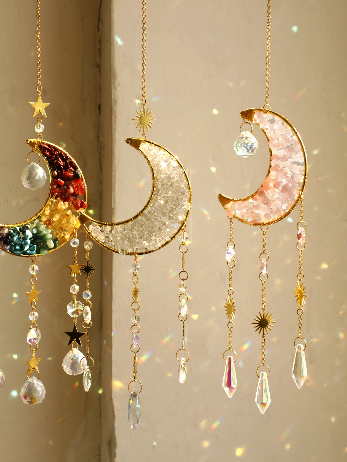 Moon Star Crystal Suncatcher Hanging Decoration Rainbow Maker Natural Stone Light Catcher for Window Outdoor Room Ornament Gift