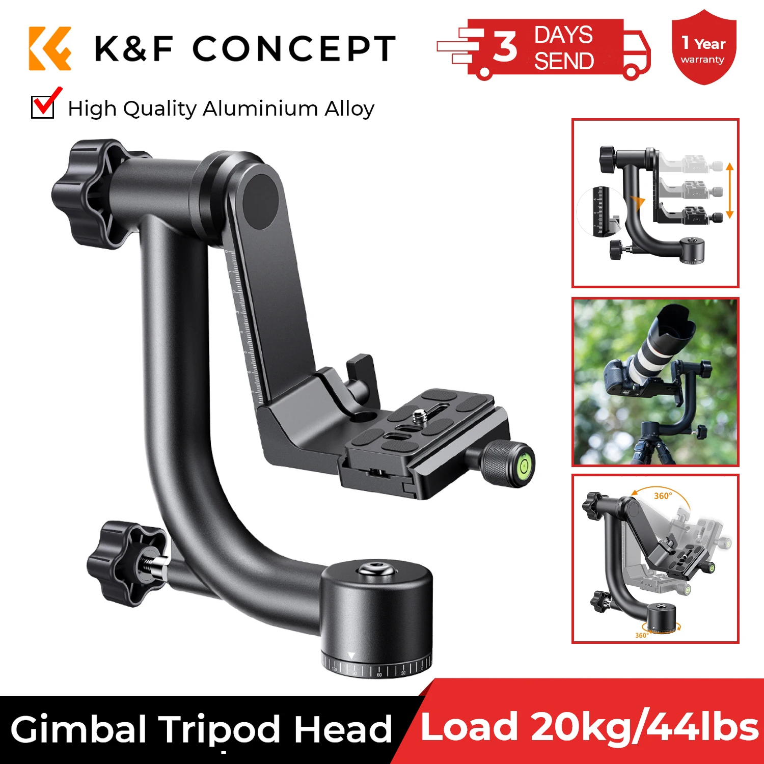 K&F Concept Tripod Head Aluminum Alloy 360 Degree Panoramic Gimbal Bird Tripod Head 1/4 Standard Quick Release Plate