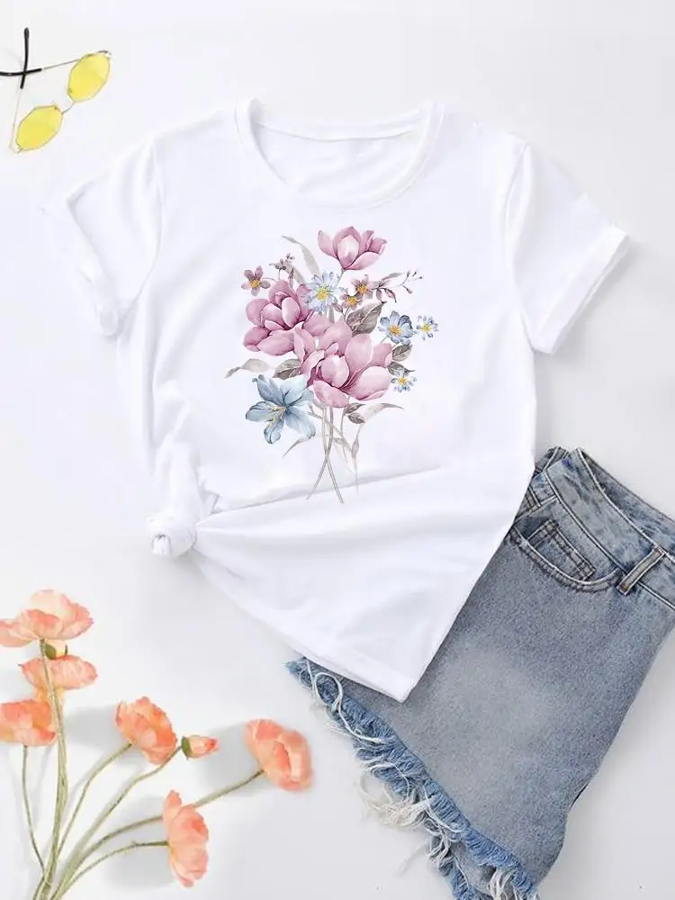 

Women Top Fashion O-neck Clothing Print Clothes Graphic T-shirt Style Flower Style Trend Short Sleeve Lady Female Shirt Tee