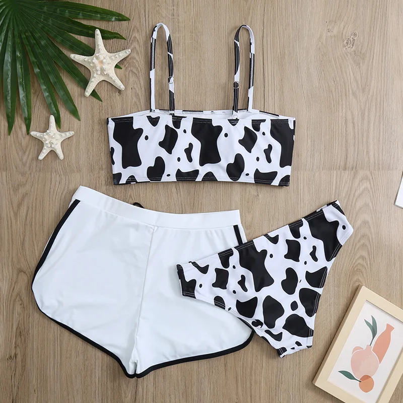 Cow Print Three-piece Bikini Sets with Shorts Women's Beachwear High Waist Waist Thong Micro Swimsuit Female Bathing Suits Sport