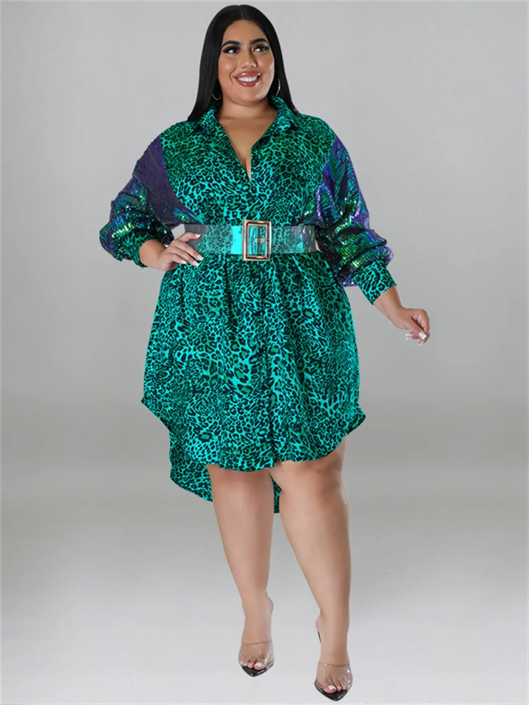 Wmstar Plus Size Party Dresses Women Sequins Sleeve Leopard Patchwork Elegant Midi Shirt Dress Wholesale DropShipping with Belt