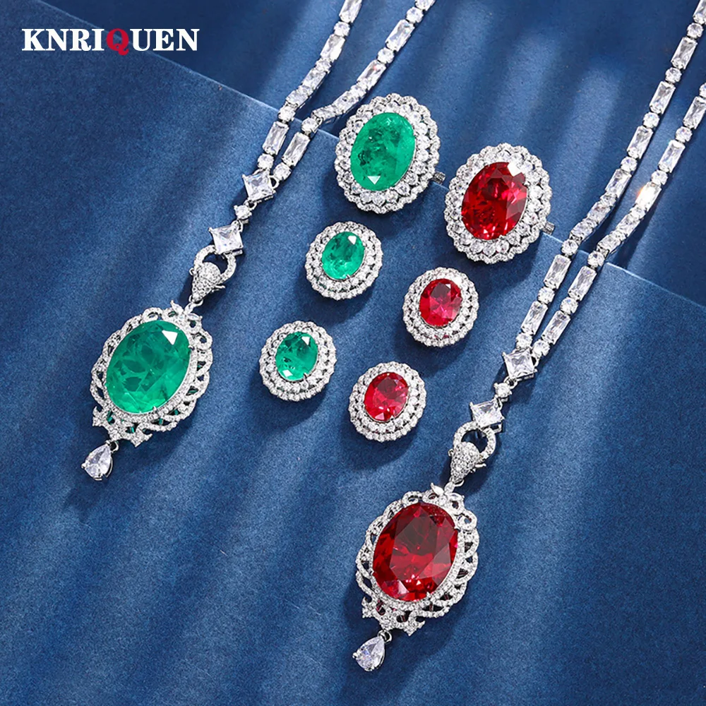 Vintage Ruby Emerald Gemstone Necklace Pendant Ring Stud Earrings Lab