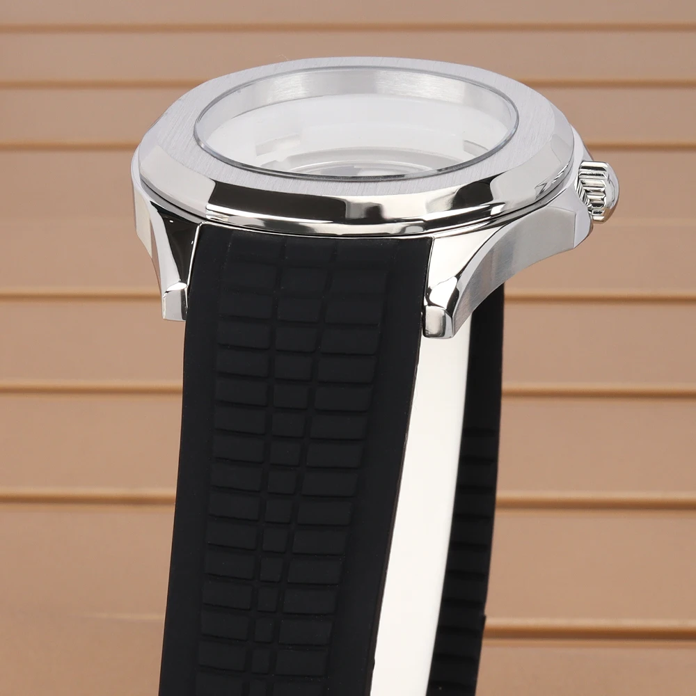Silver Square Watch Case with Black and Blue Rubber Strap & Sapphire Crystal
