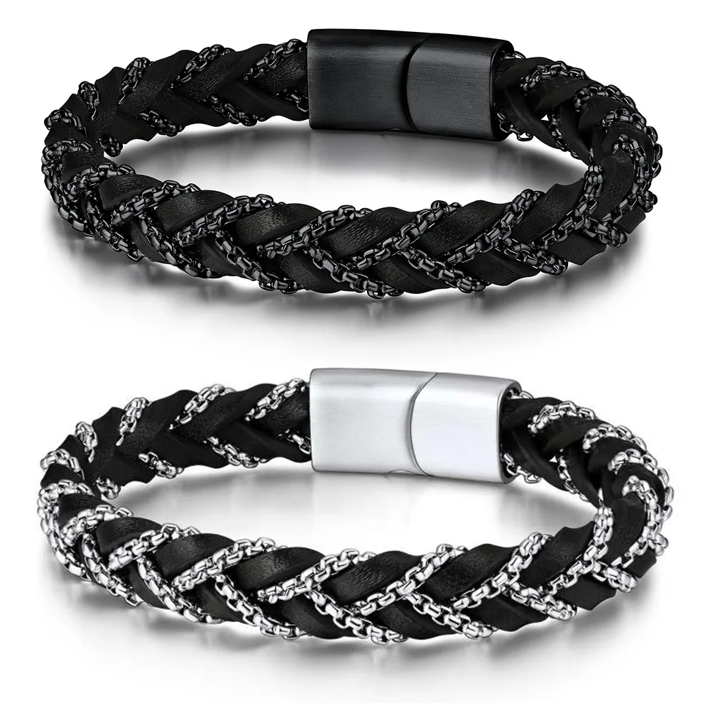 U7 Stainless Steel Chain Leather Braiding Bangle Bracelets for Man Woman 19/21cm Knitting Bracelet Couple Unisex Jewelry Gift