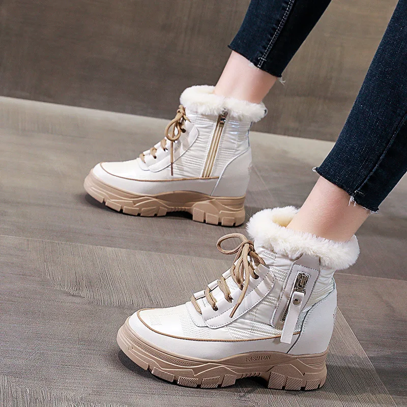 

8cm New Down Genuine Leather Women Casual Autumn Winter Plush Warm Cloth Platform Wedge Ankle Boots Sneakers Females Shoes