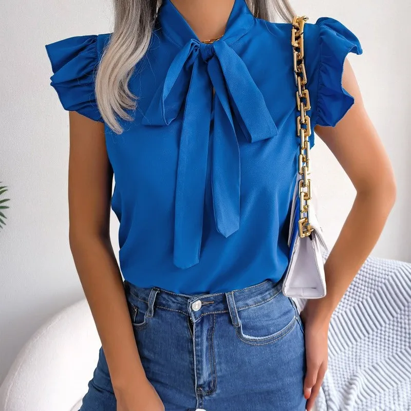 

Summer Soid Simple Bow Short Sleeve Shirt Women Damesbloesjes Ladies Tops Blouse Kadin Bluzlari Blusen Damen 2023 Blouses Femme