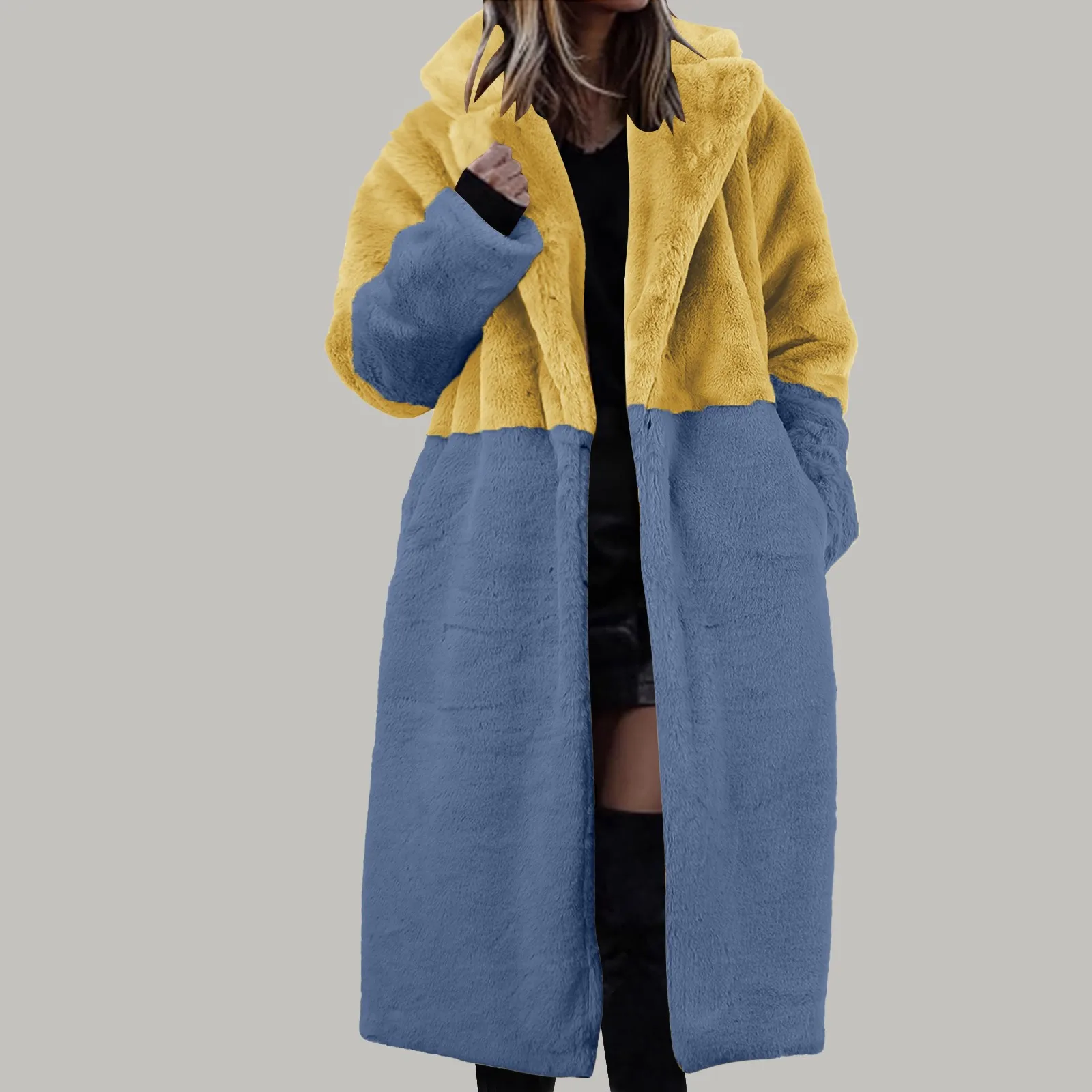 

2x Women Coat Winter Warm Lapel Faux Fuzzy Coat Jacket Overcoat Mink Fleece Spliced Mid Length Coat Hoodies For Women Vestidos