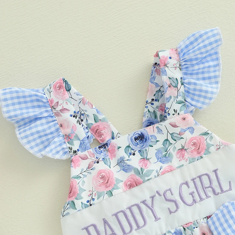 Baby Girls Romper, Fly Sleeve Flower Print Embroidery Letters Bow Infant Bodysuit Summer Clothes for Casual Daily