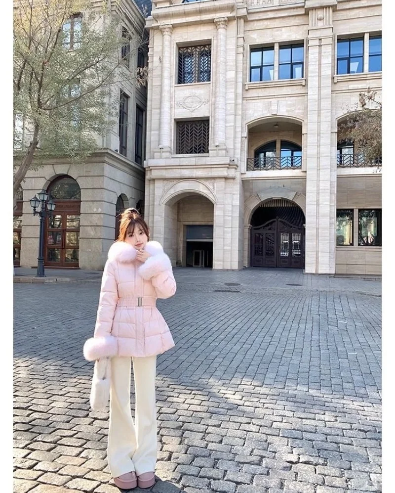 Chic Women's Cotton Padded Jackt with Large Fur Collar Waist-Cinching Mid-Length Parkas Korean Trendy Warm Commute Outerwear