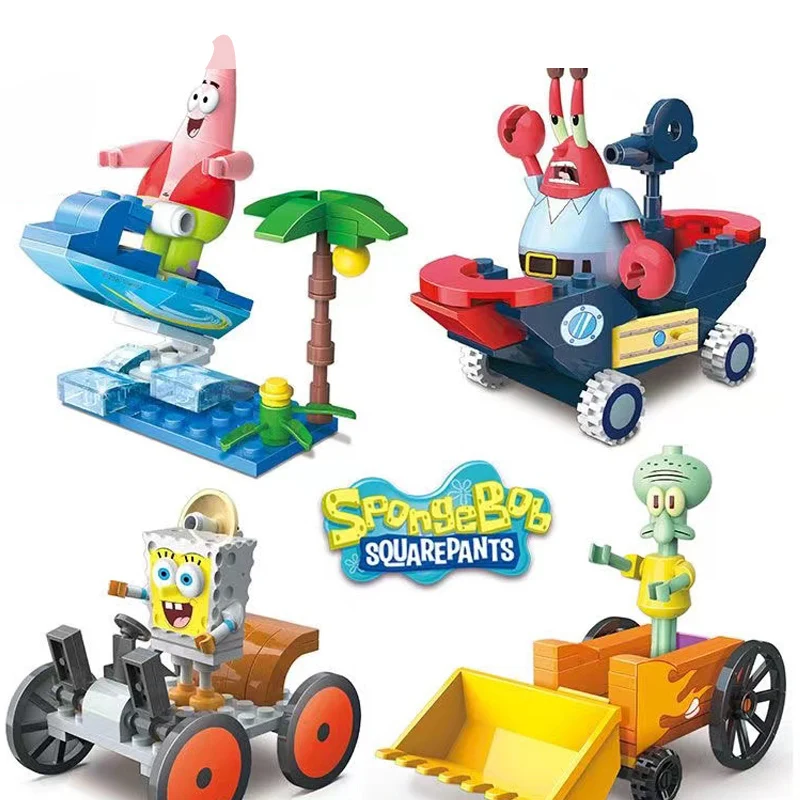 4pcs SpongeBob SquarePants Adventure Series Assembled Block Pie Star Crab Boss Doll Handmade Model Children's Birthday Gift Toys
