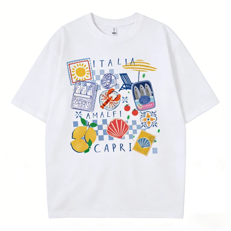 Capri Italia Retro Graphic Seafood Vacation Oversized Women's T-Shirt
