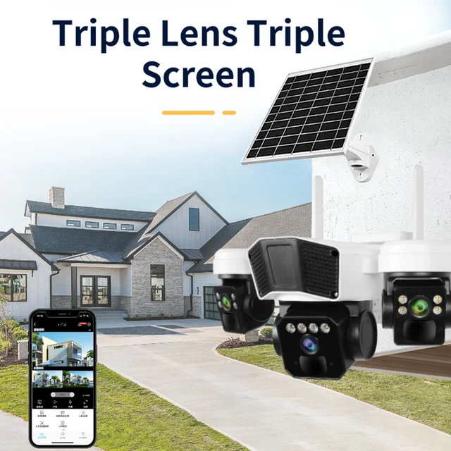 OKAM 12MP Solar Camera Three Lens Two-way Audio Outdoor IP66 Waterproof Built-in Battery Security CCTV HD 4G Network Camera 4k 4