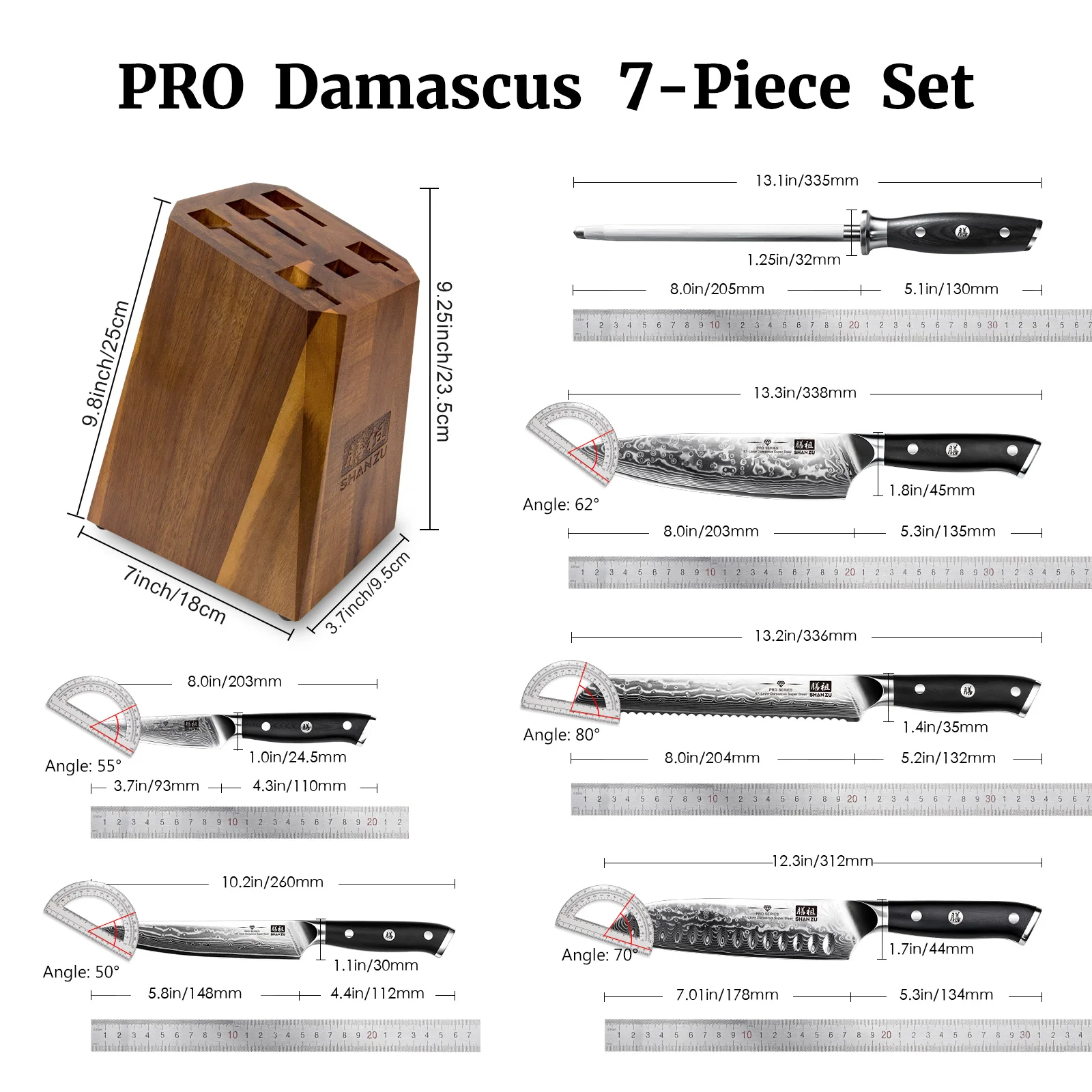 SHAN ZU 7PCs Damascus Kitchen Knives Set Chef Slicing Utility Paring Knife  Japanese VG10 santoku knives with sharpener