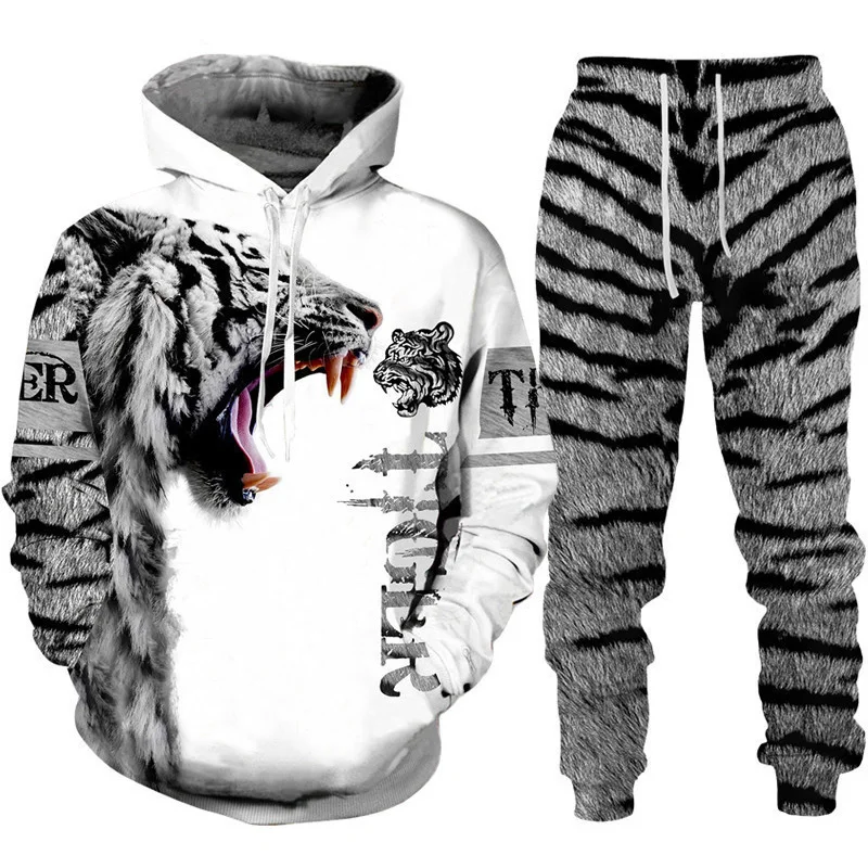 Cool Tiger 3D Animal Print Hoodie+Pants Suit Long Sleeve Pullover Men\'s Sportswear Tracksuit Couple Outfit Two Piece Jogging Set