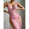 Summer Pajamas Women's Night Dress Suspenders Rose Print Split Fork Nightgowns Slim Fit Home Wear Mesh Sleeveless Sexy Nightgown