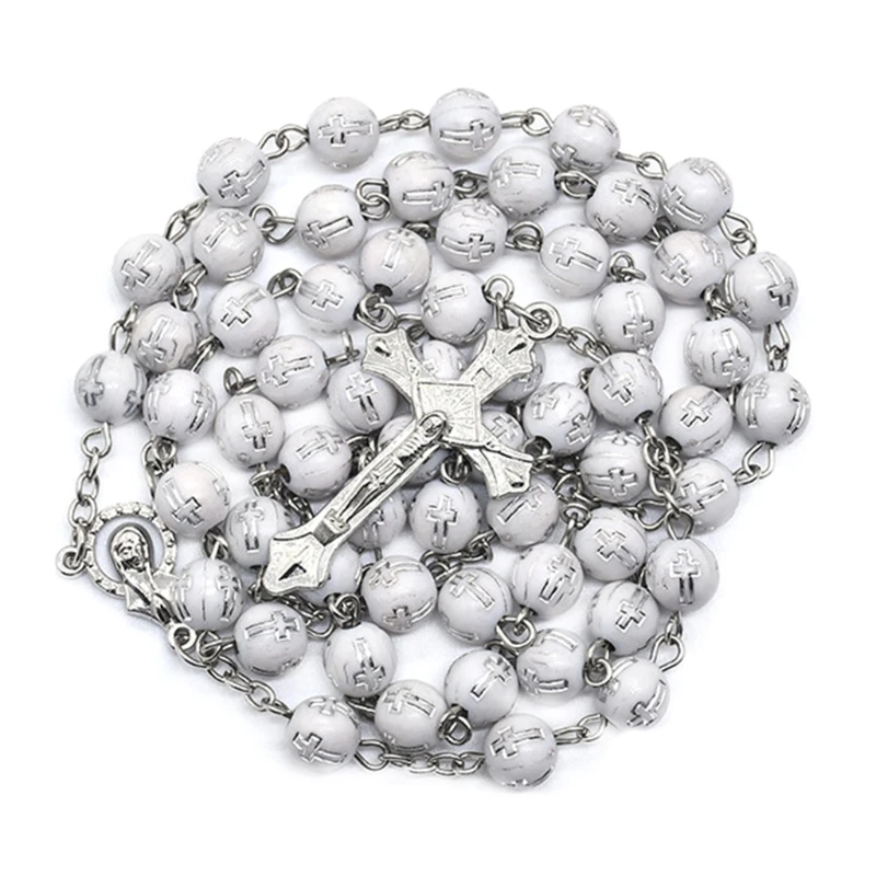 라운드 비즈 묵주 목걸이 652F 8mm, 마리아 예수 십자가 펜던트 가톨릭 목걸이 종교 보석 여성 매력 선물 