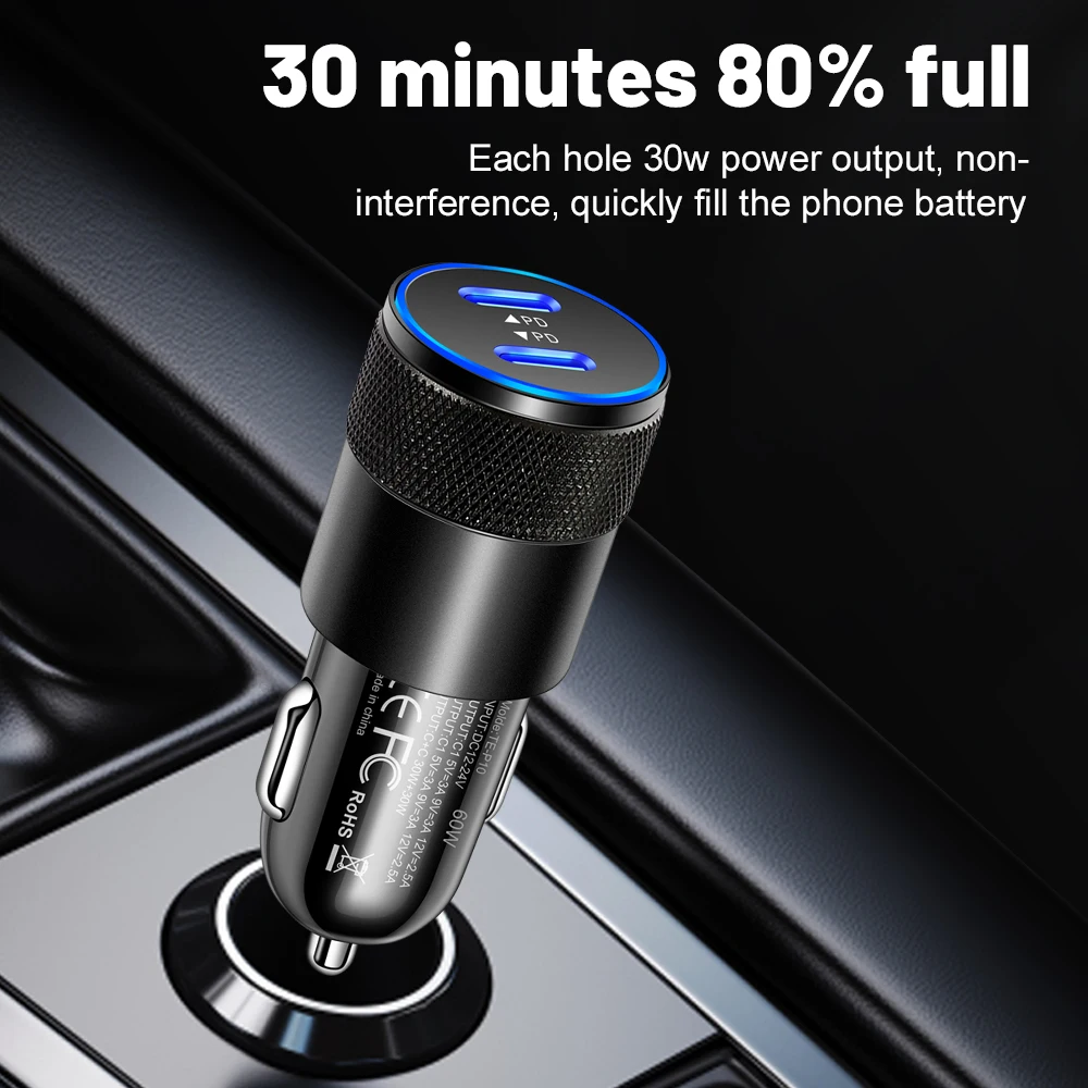 PD QC Pull Ring Fast Charging Car Charger USB C Car Phone Charger Adapter For iPhone Xiaomi Huawei Silver/Black Color Car Charge