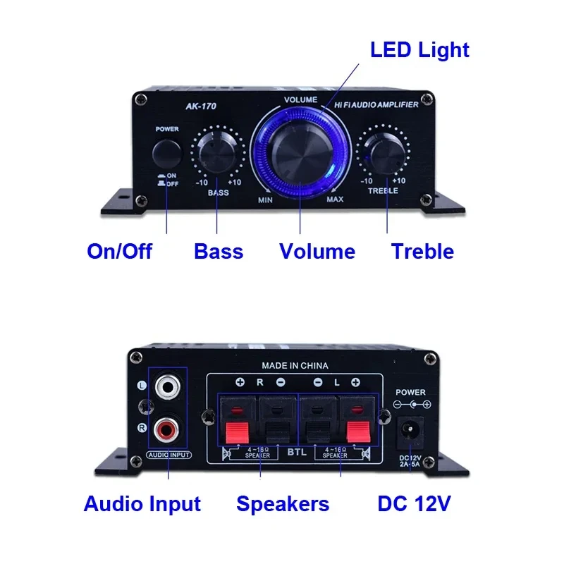 AK170 Mini Digital Power Audio Car Amplifier Blue Light Stereo Audio Amplifier for Home Theater Club Party Music MAX 200Wx2 Amp